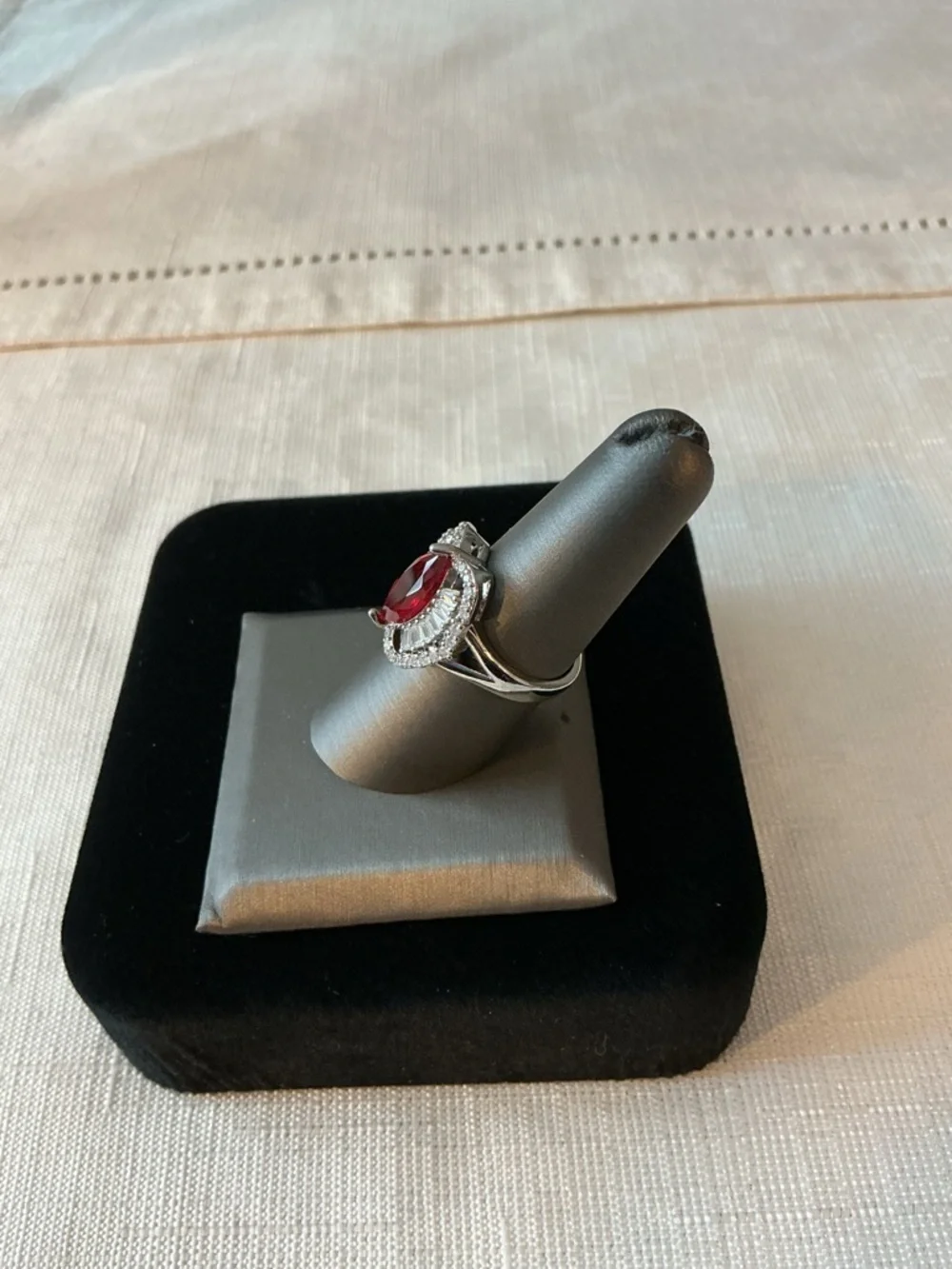 Ruby Lab Created and Rhinestone Silver Tone Ring